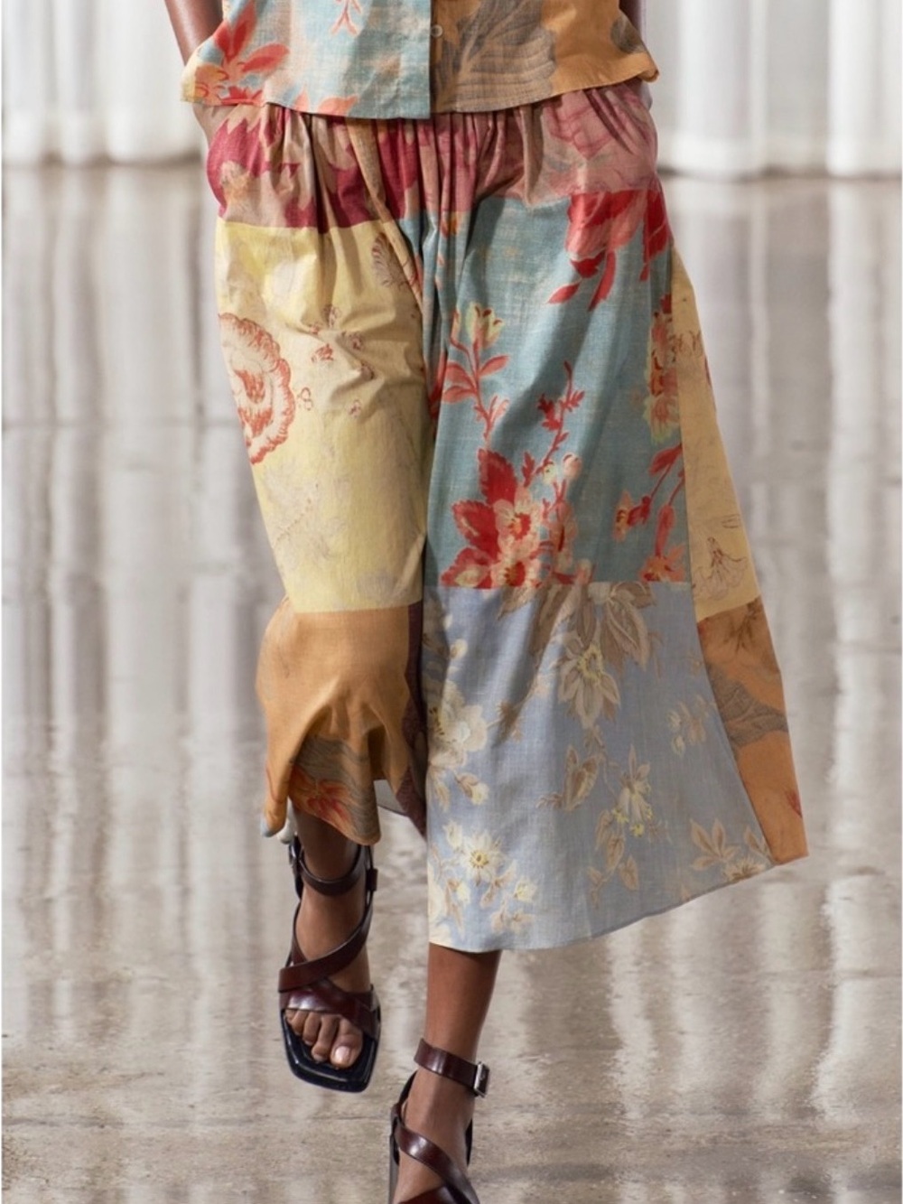 Zara Patchwork Floral Midi Skirt in Pastel Multi